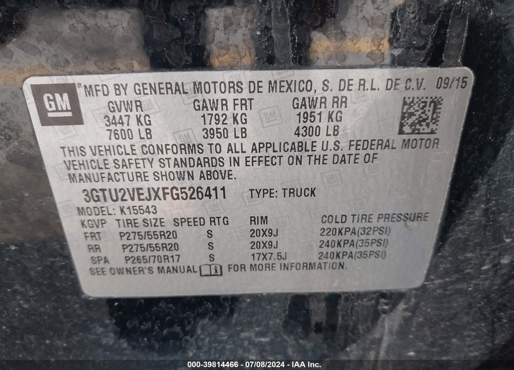 2015 SIERRA GMC  1500 SLT VIN: 3GTU2VEJXFG526411
