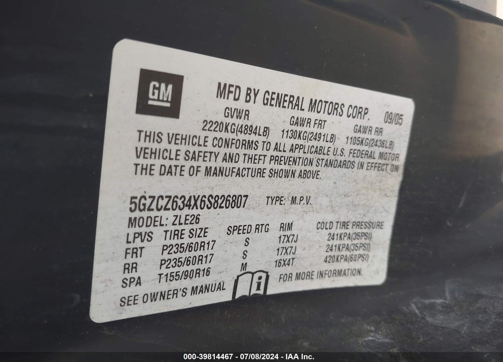 2006 SATURN VUE V6 VIN: 5GZCZ634X6S826807