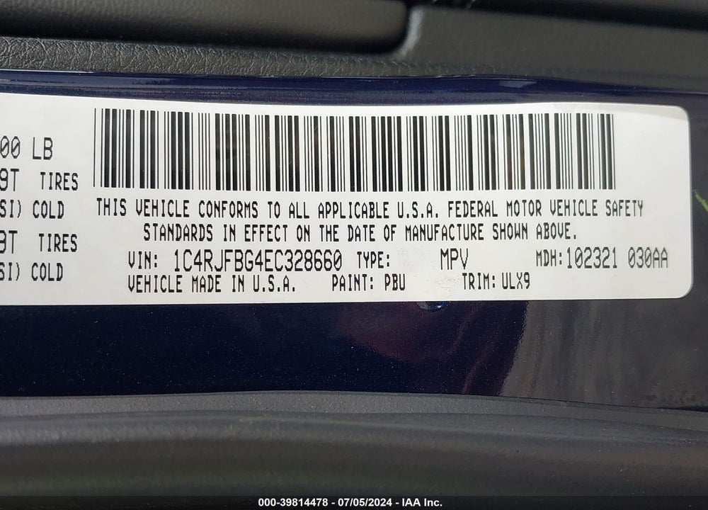 2014 JEEP GRAND CHEROKEE LIMITED VIN: 1C4RJFBG4EC328660