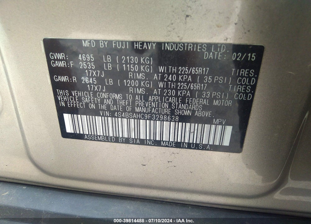 2015 SUBARU OUTBACK 2.5I PREMIUM VIN: 4S4BSAHC9F3298638