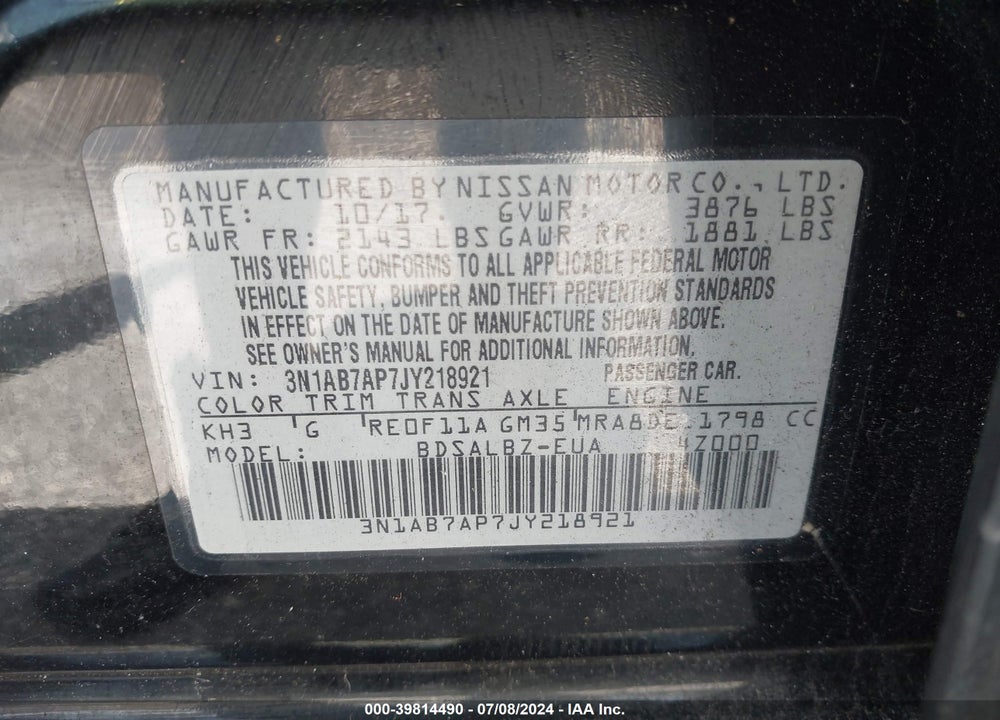 2018 NISSAN SENTRA S VIN: 3N1AB7AP7JY218921