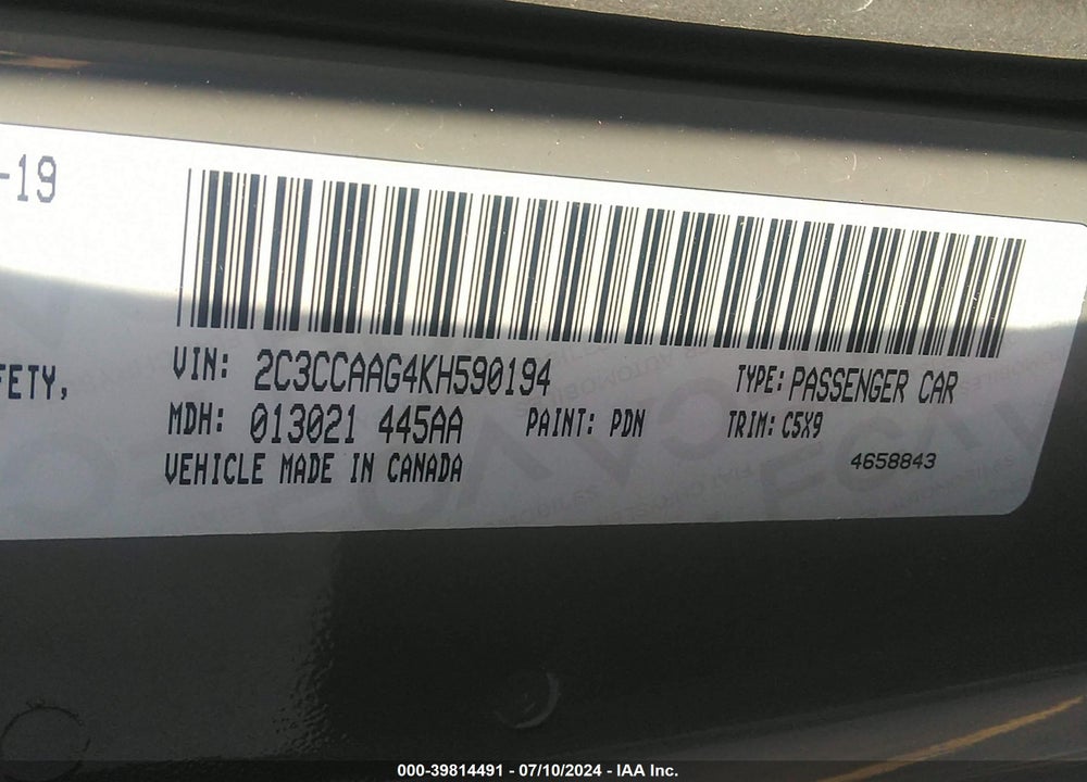 2019 CHRYSLER 300 TOURING VIN: 2C3CCAAG4KH590194