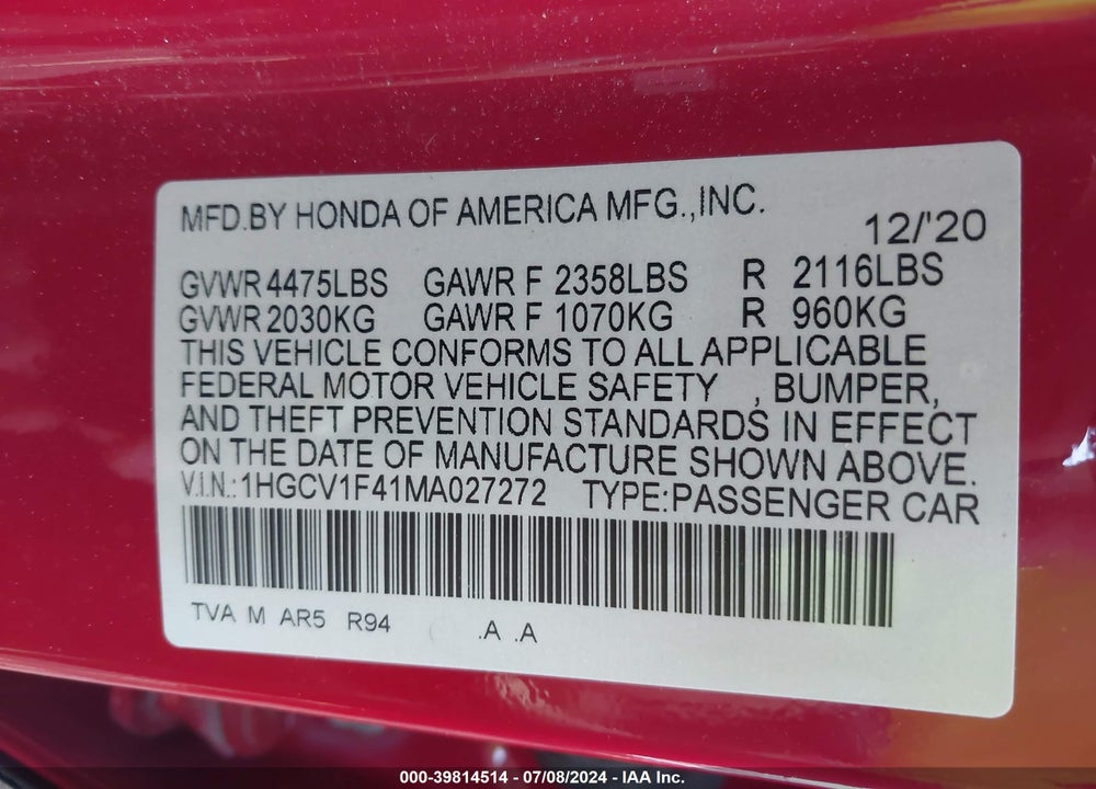 2021 HONDA ACCORD SPORT SPECIAL EDITION VIN: 1HGCV1F41MA027272