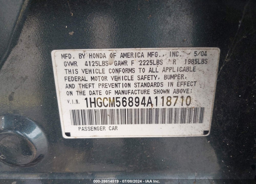 2004 HONDA ACCORD 2.4 EX VIN: 1HGCM56894A118710