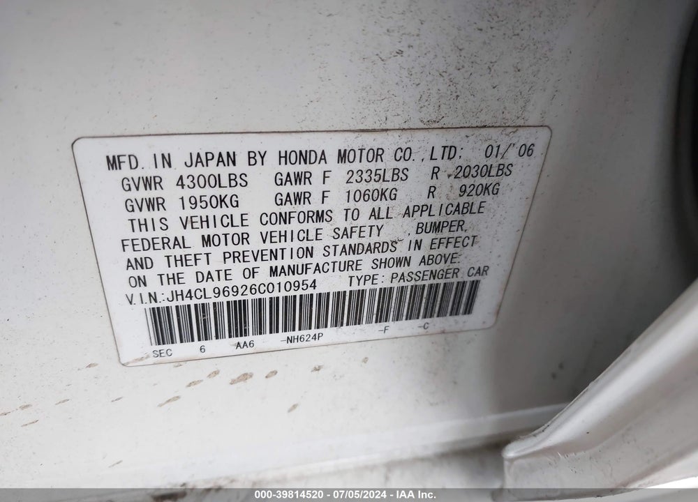 2006 ACURA TSX VIN: JH4CL96926C010954