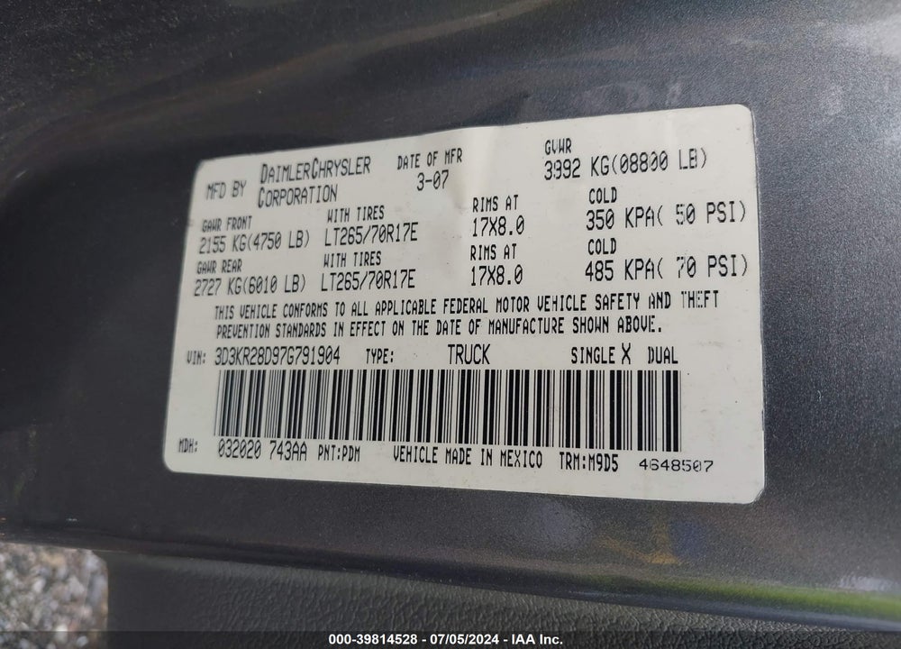2007 DODGE RAM 2500 SLT/SPORT VIN: 3D3KR28D97G791904