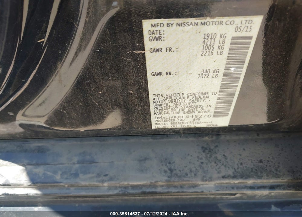 2015 NISSAN ALTIMA 2.5 SV VIN: 1N4AL3AP8FC445270