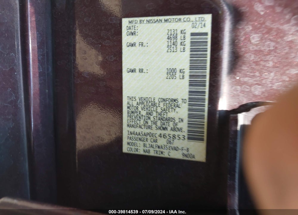 2014 NISSAN MAXIMA VIN: 1N4AA5AP0EC465853