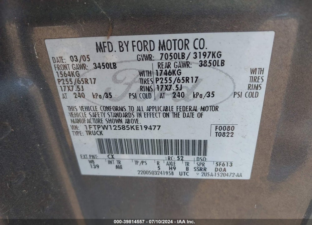 2005 FORD F-150 LARIAT/XLT VIN: 1FTPW12585KE19477