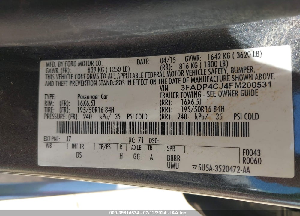 2015 FORD FIESTA TITANIUM VIN: 3FADP4CJ4FM200531