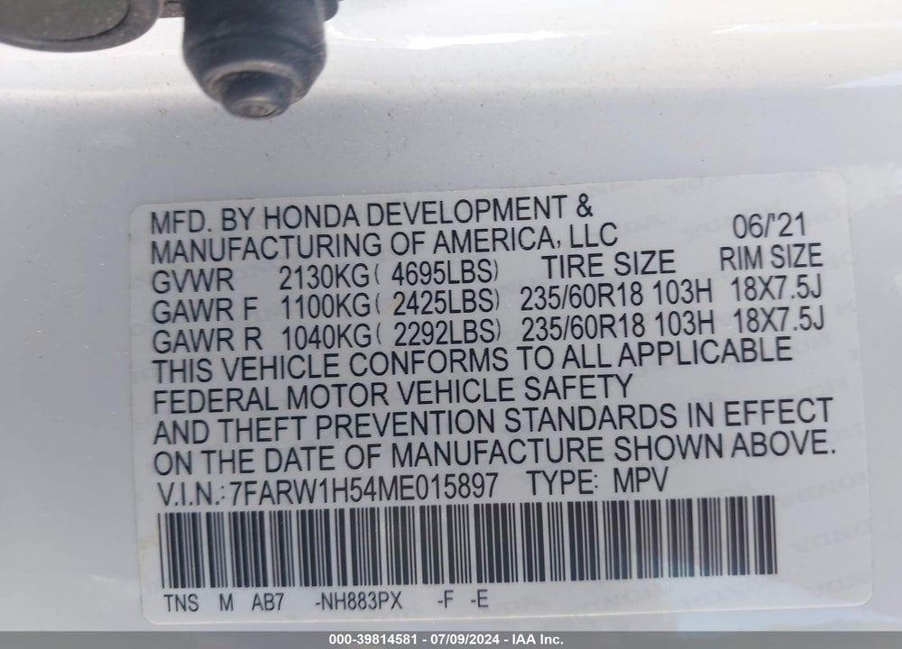 2021 HONDA CR-V 2WD EX VIN: 7FARW1H54ME015897