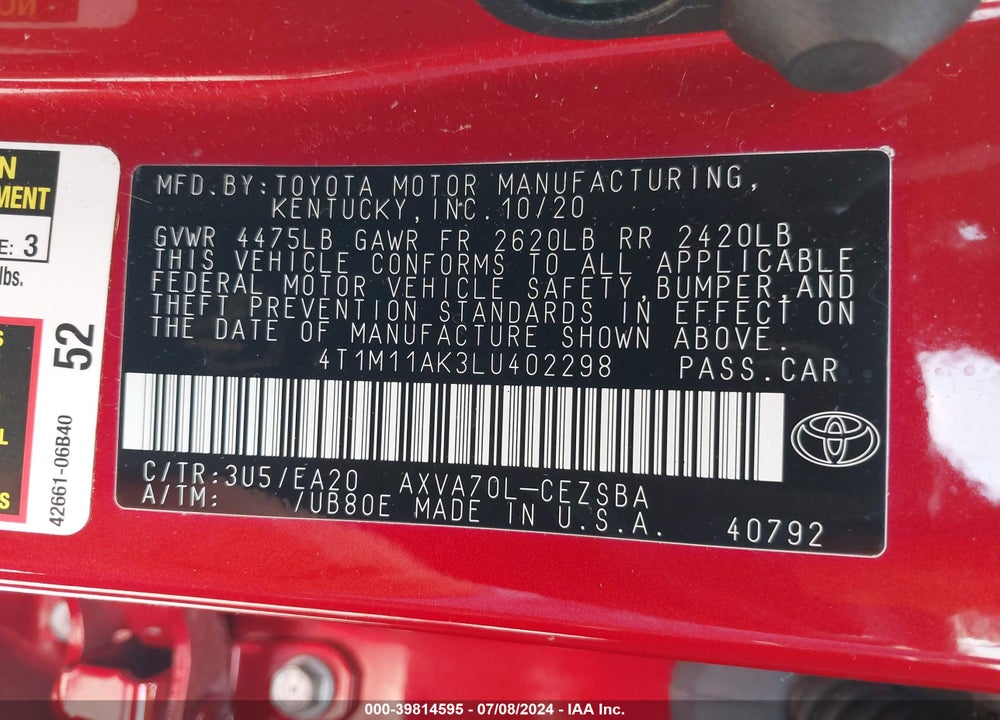 2020 TOYOTA CAMRY SE VIN: 4T1M11AK3LU402298