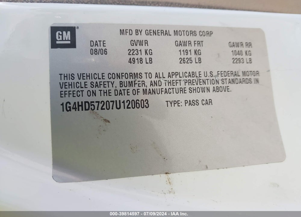 2007 BUICK LUCERNE CXL VIN: 1G4HD57207U120603