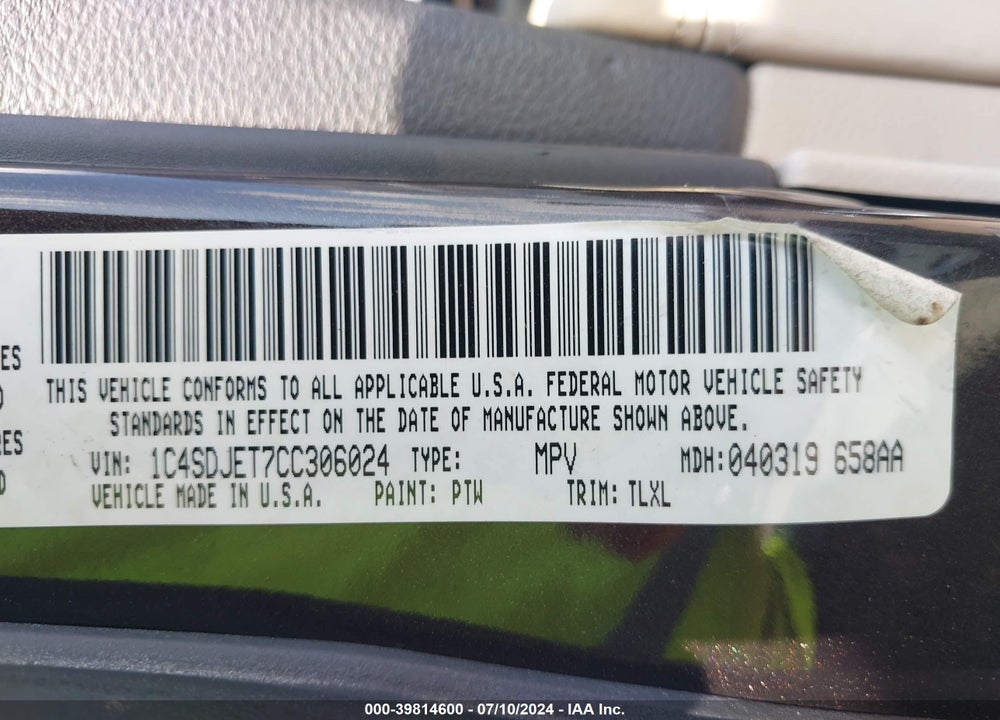 2012 DODGE DURANGO CITADEL VIN: 1C4SDJET7CC306024