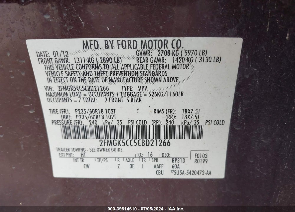 2012 FORD FLEX SEL VIN: 2FMGK5CC5CBD21266