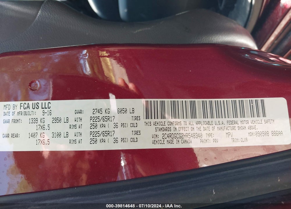 2017 DODGE GRAND CARAVAN SXT VIN: 2C4RDGCG2HR548340