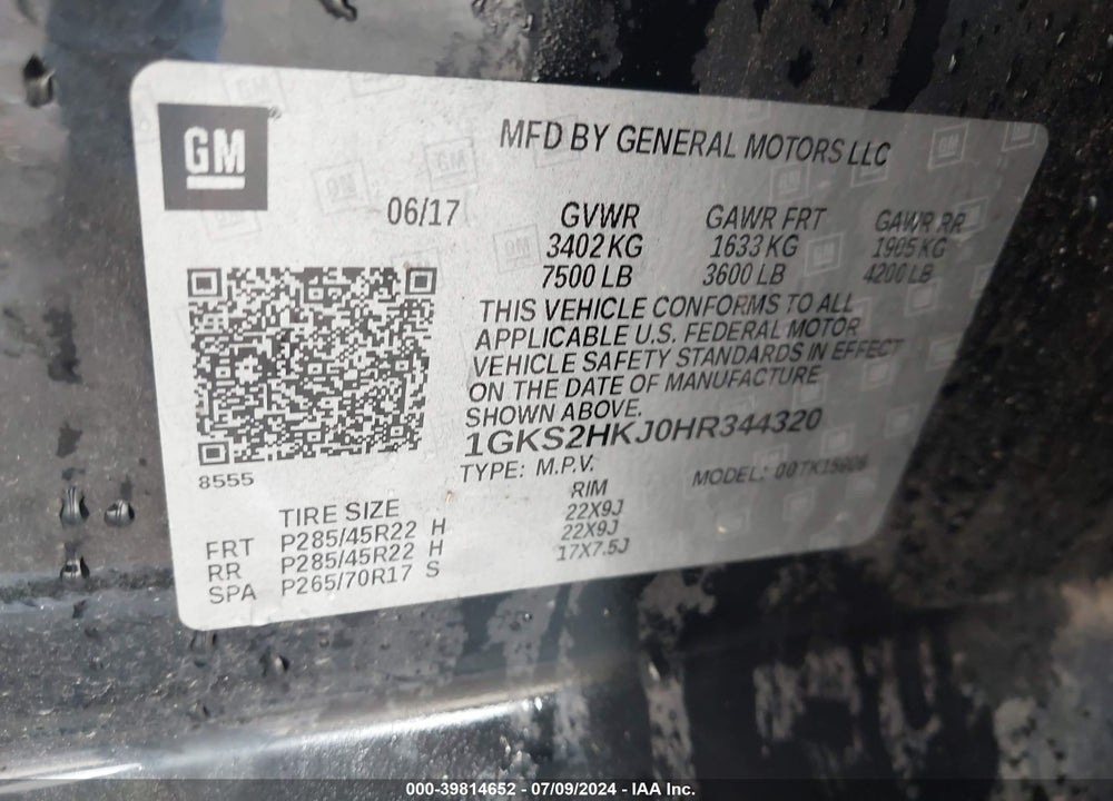 2017 GMC YUKON XL DENALI VIN: 1GKS2HKJ0HR344320