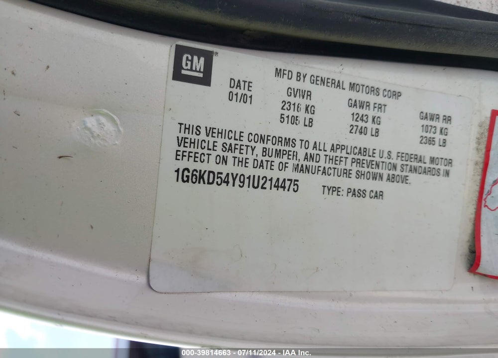2001 CADILLAC DEVILLE STANDARD W/W20 VIN: 1G6KD54Y91U214475