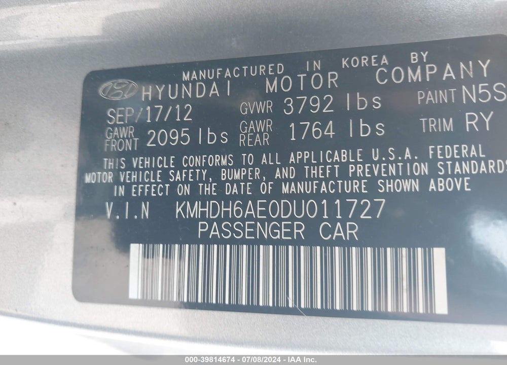 2013 HYUNDAI ELANTRA GS VIN: KMHDH6AE0DU011727