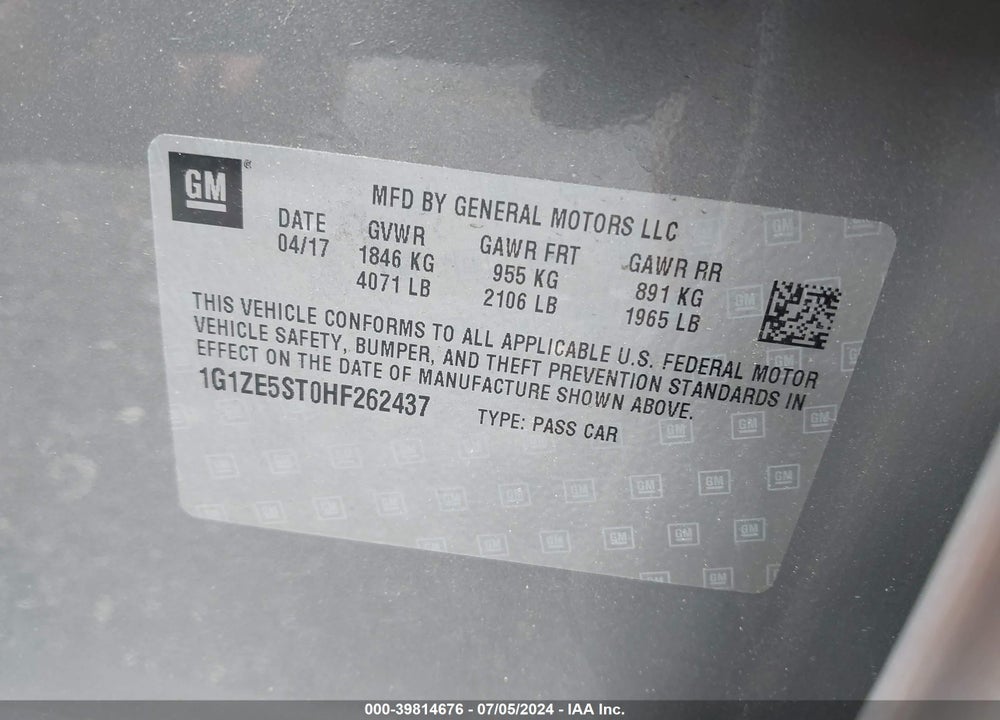 2017 CHEVROLET MALIBU 1LT VIN: 1G1ZE5ST0HF262437