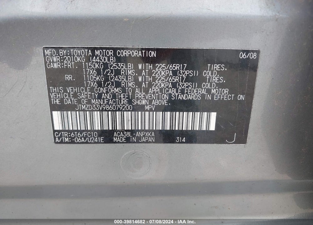 2008 TOYOTA RAV4 VIN: JTMZD33V986079200