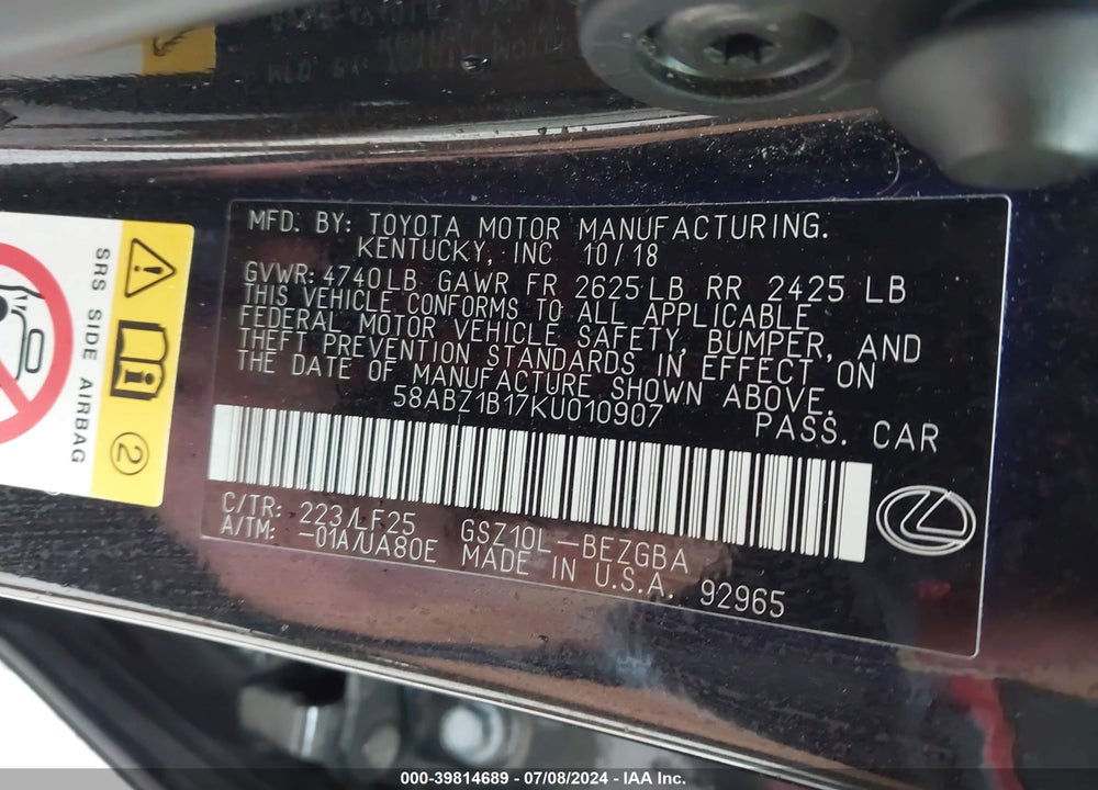 2019 LEXUS ES 350 F-SPORT VIN: 58ABZ1B17KU010907