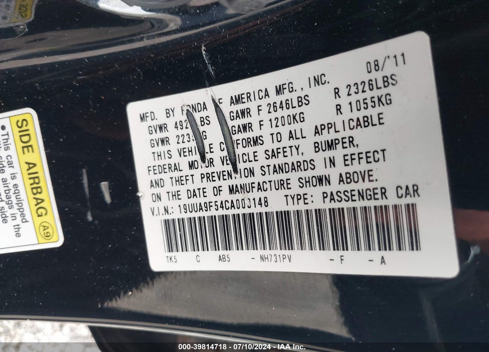 2012 ACURA TL 3.7 VIN: 19UUA9F54CA003148