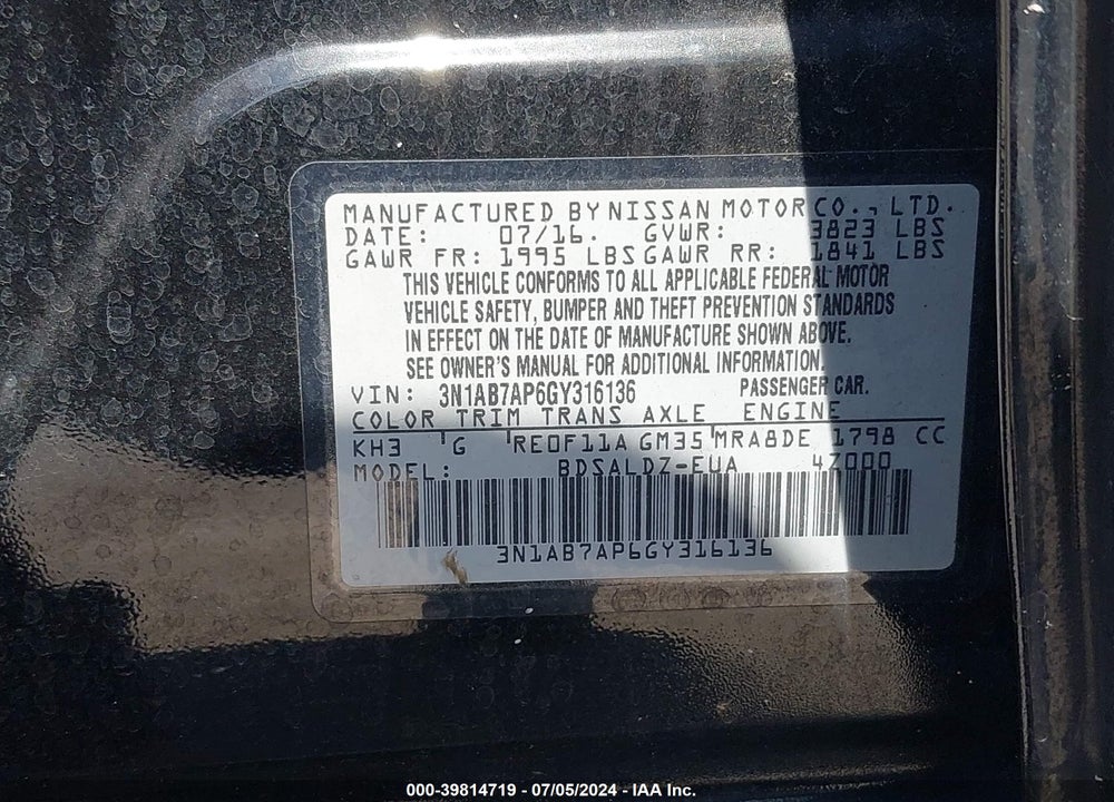 2016 NISSAN SENTRA SV VIN: 3N1AB7AP6GY316136