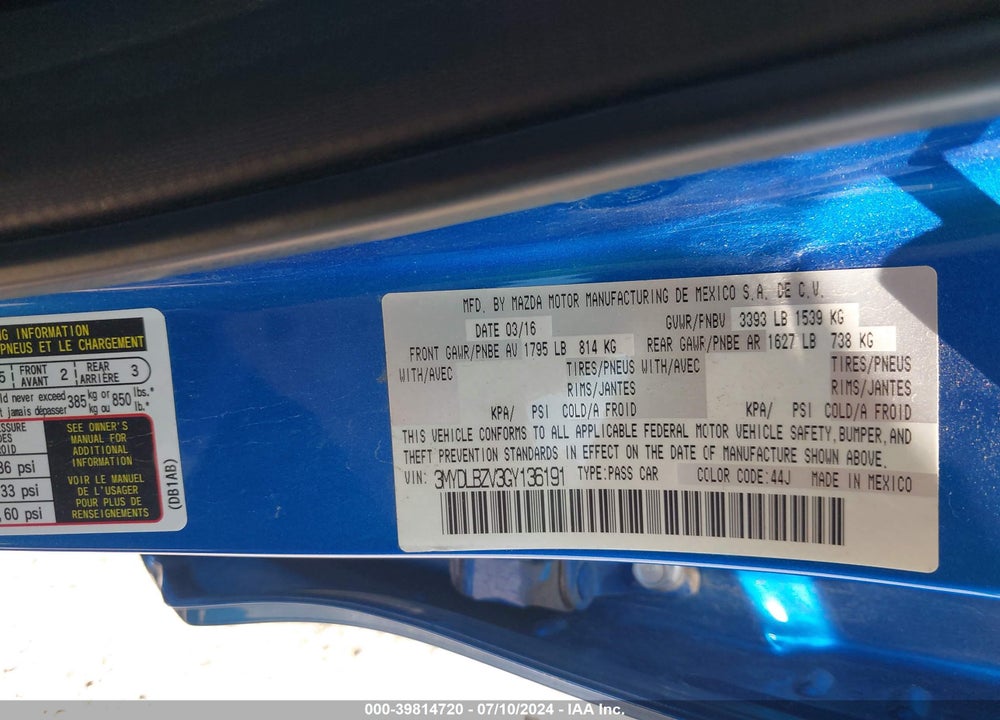 2016 SCION IA VIN: 3MYDLBZV3GY136191