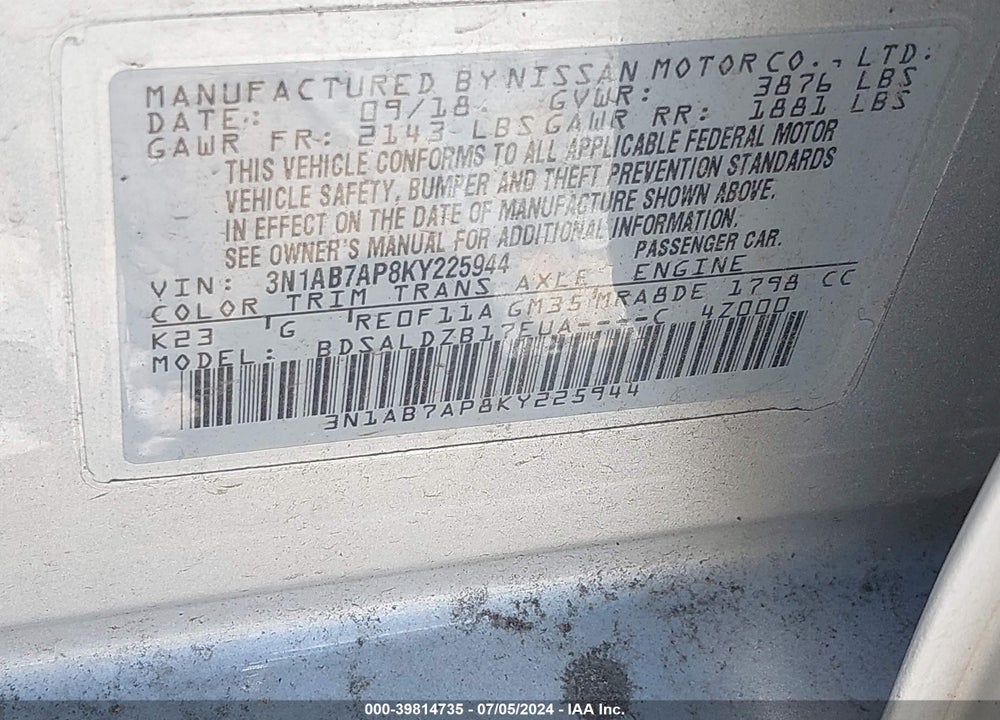 2019 NISSAN SENTRA SV VIN: 3N1AB7AP8KY225944
