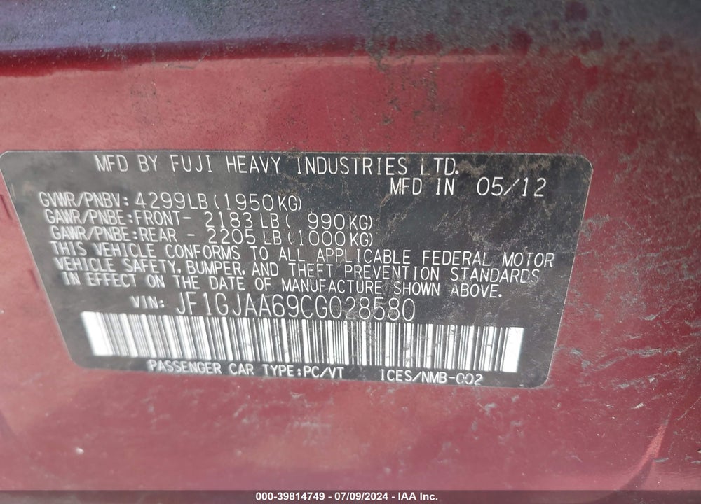 2012 SUBARU IMPREZA 2.0I VIN: JF1GJAA69CG028580