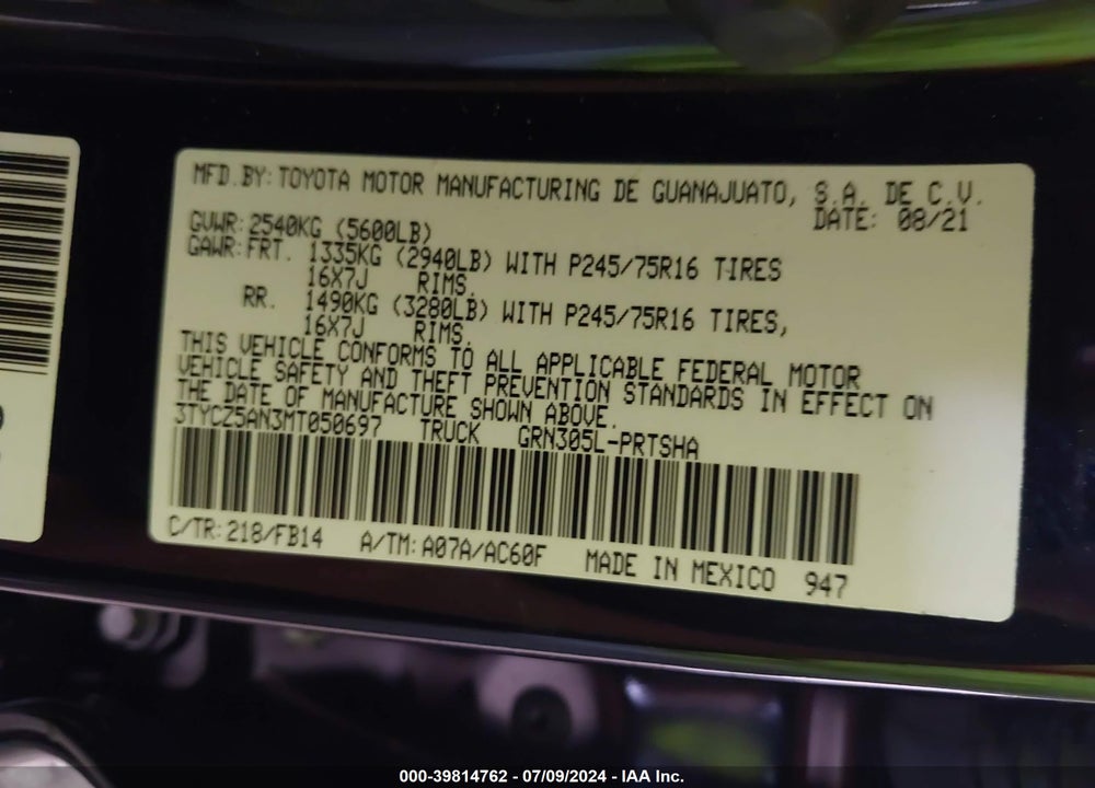 2021 TOYOTA TACOMA SR V6 VIN: 3TYCZ5AN3MT050697
