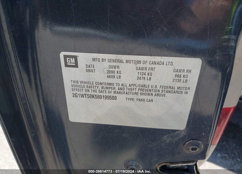 2008 CHEVROLET IMPALA LT VIN: 2G1WT58K589199500