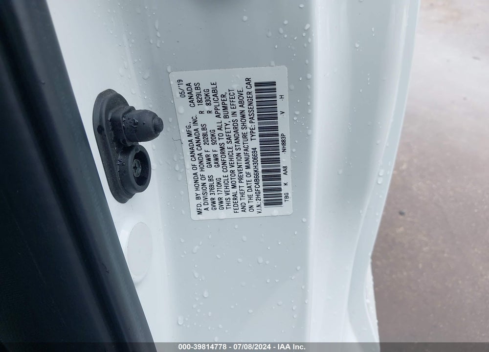 2019 HONDA CIVIC LX VIN: 2HGFC4B66KH306694