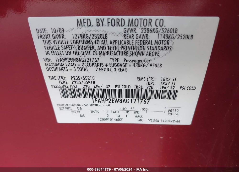 2010 FORD TAURUS VIN: 1FAHP2EW8AG121767