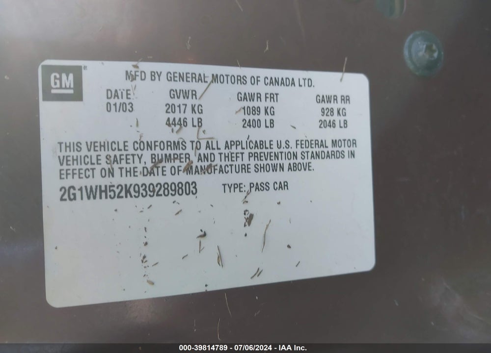 2003 CHEVROLET IMPALA LS VIN: 2G1WH52K939289803