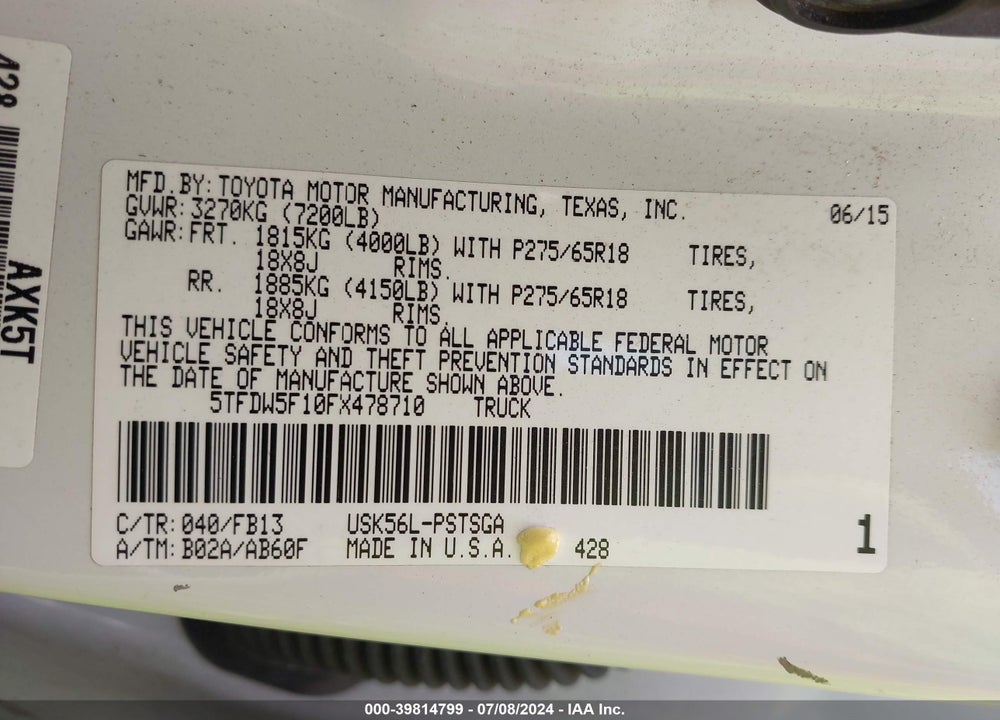 2015 TOYOTA TUNDRA SR5 5.7L V8 VIN: 5TFDW5F10FX478710