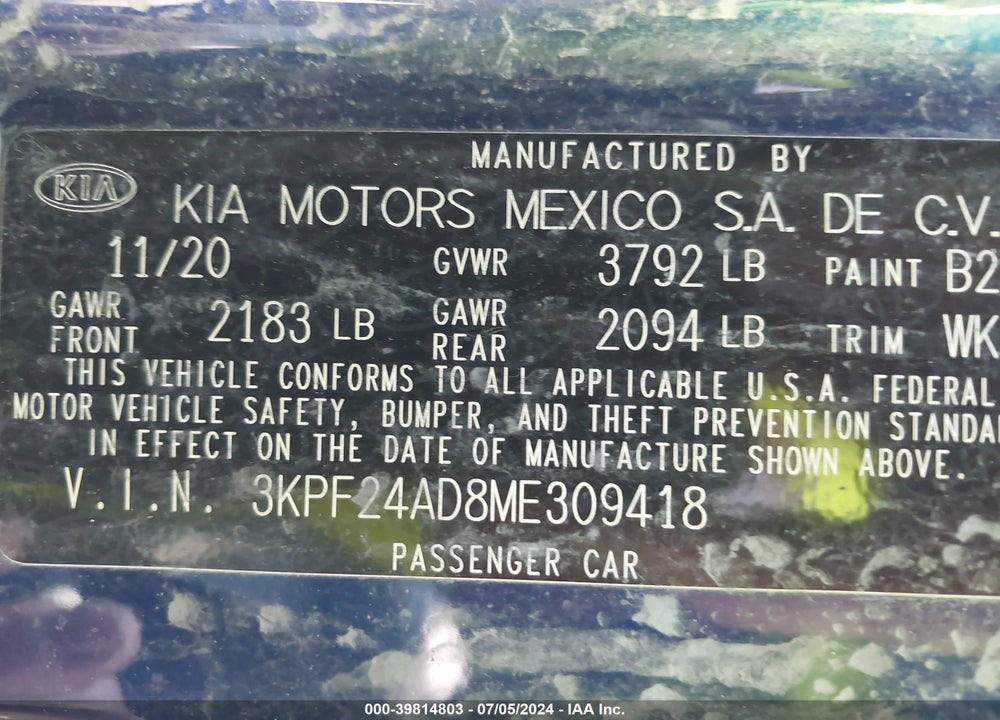 2021 KIA FORTE LXS VIN: 3KPF24AD8ME309418