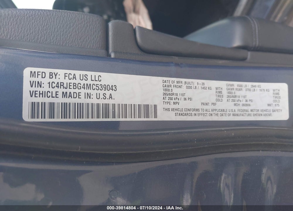 2021 JEEP GRAND CHEROKEE VIN: 1C4RJEBG4MC539043