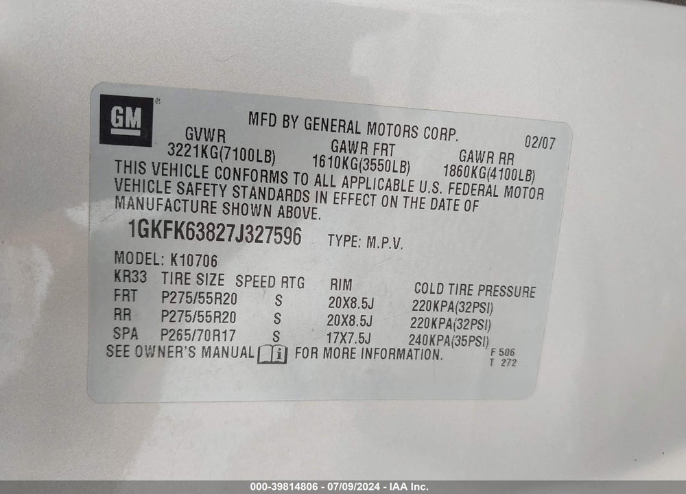 2007 GMC YUKON DENALI VIN: 1GKFK63827J327596