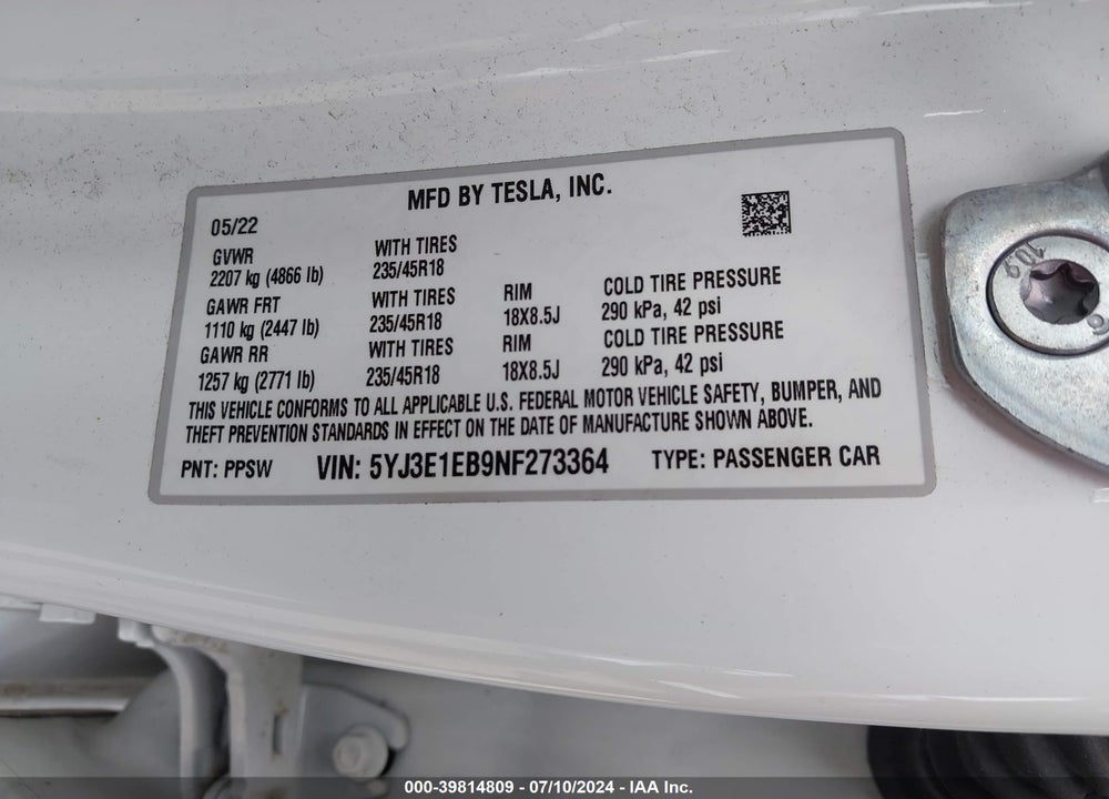 2022 TESLA MODEL 3 LONG RANGE DUAL MOTOR ALL-WHEEL DRIVE VIN: 5YJ3E1EB9NF273364