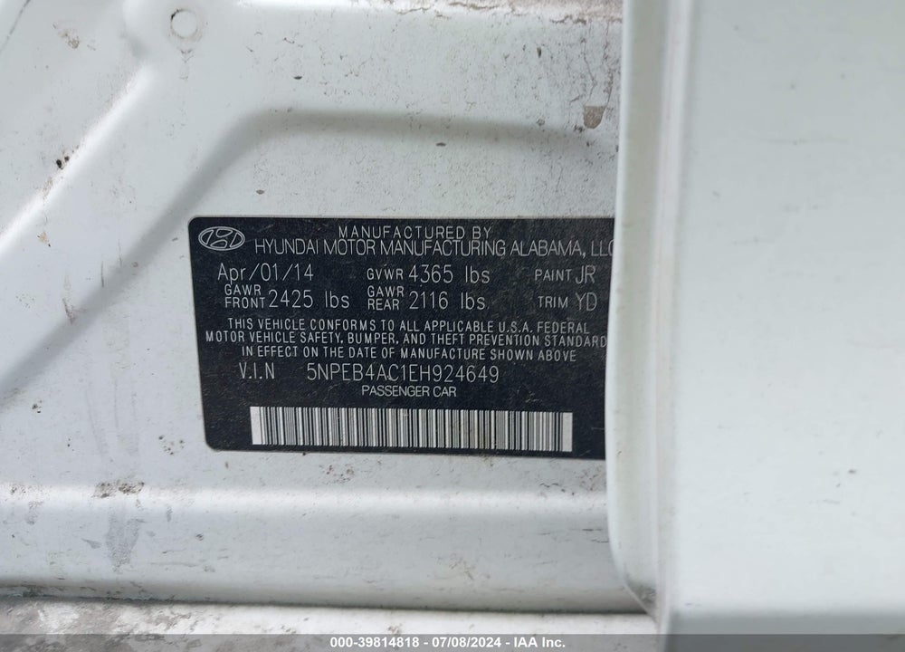 2014 HYUNDAI SONATA GLS VIN: 5NPEB4AC1EH924649