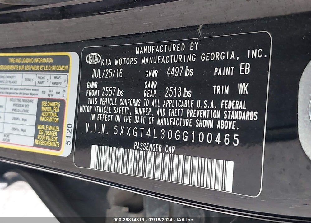 2016 KIA OPTIMA LX VIN: 5XXGT4L30GG100465