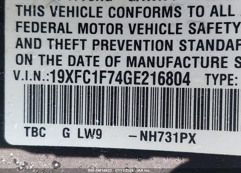 2016 HONDA CIVIC EX-L VIN: 19XFC1F74GE216804