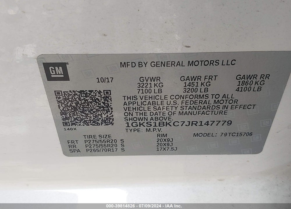 2018 GMC YUKON SLT VIN: 1GKS1BKC7JR147779