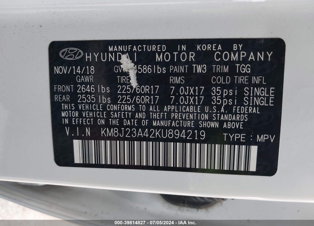 2019 HYUNDAI TUCSON SE VIN: KM8J23A42KU894219