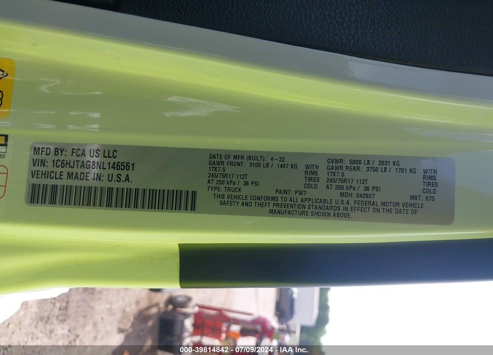 2022 JEEP GLADIATOR ALTITUDE 4X4 VIN: 1C6HJTAG8NL146561
