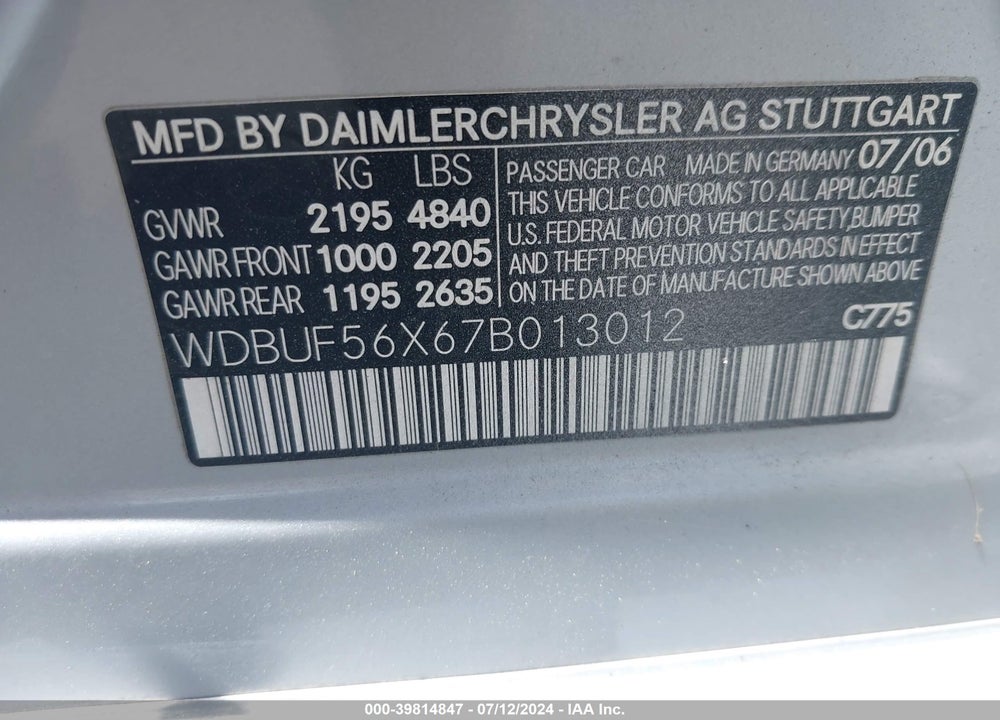 2007 MERCEDES-BENZ E 350 VIN: WDBUF56X67B013012