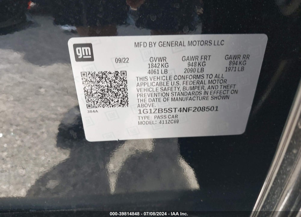 2022 CHEVROLET MALIBU FWD LS VIN: 1G1ZB5ST4NF208501