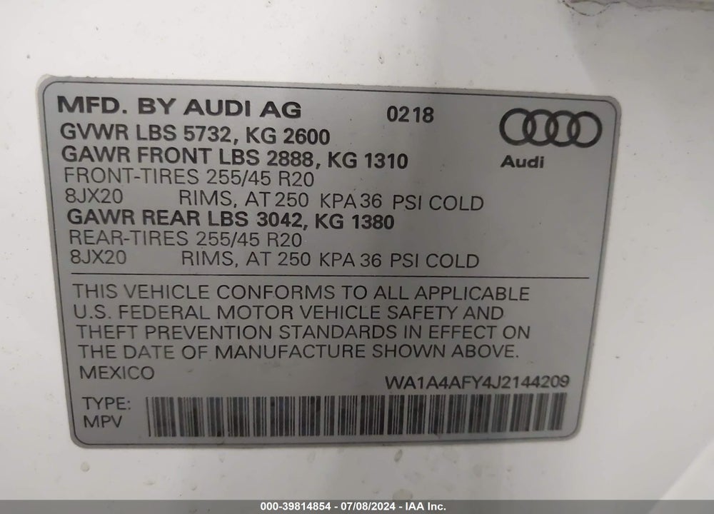 2018 AUDI SQ5 3.0T PREMIUM PLUS VIN: WA1A4AFY4J2144209